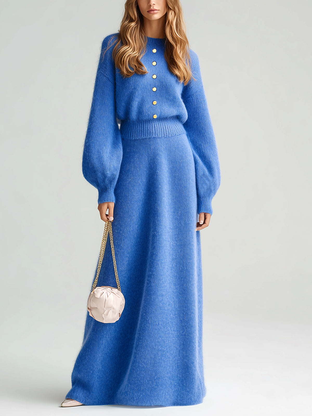 ElevenOra Chic Vintage Royal Blue Round-Neck Button-Front Long Lantern Sleeve Sweater And A-line Maxi Skirt Knit Two-Piece Set