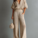 ElevenOra Chic Elegant Camel Zipper-Up Lapel Collar Half-Sleeve Loose-Fit Sweater Wide-Leg Pants Knit Two-Piece Set