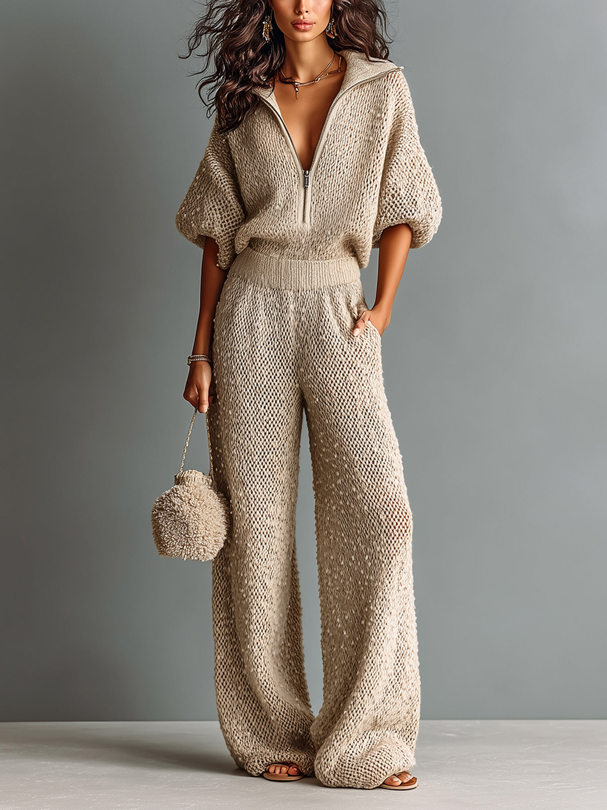 ElevenOra Chic Elegant Camel Zipper-Up Lapel Collar Half-Sleeve Loose-Fit Sweater Wide-Leg Pants Knit Two-Piece Set