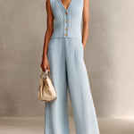 ElevenOra Chic Elegant Light Blue V-Neck Single-Breasted Slim-Fit Vest And Elastic Waist Wide-Leg Pants Ribbed Knit Two-Piece Set