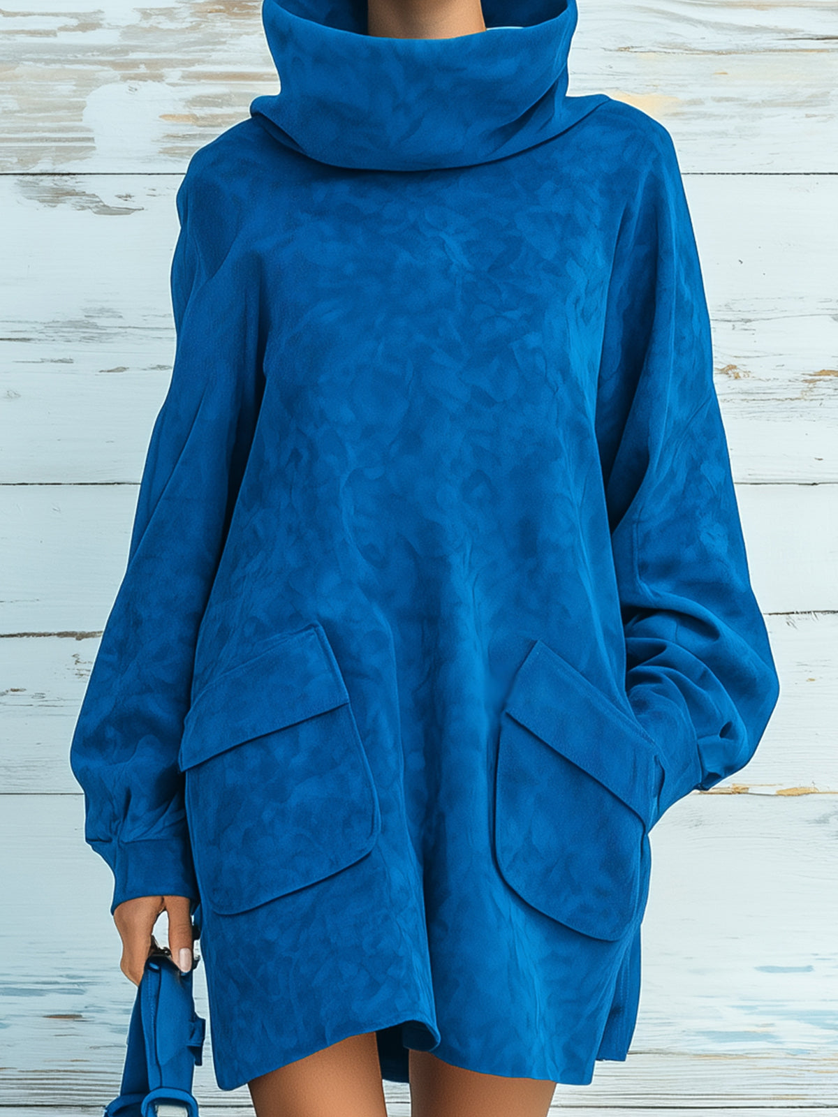 ElevenOra Chic Elegant Royal Blue Faux Suede Oversized Turtleneck Long Lantern Sleeve Patch Pocket Mini Dress
