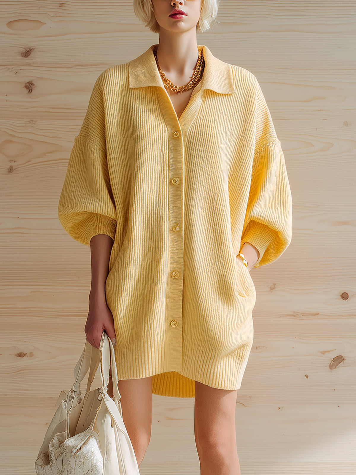 ElevenOra Chic Vintage Yellow Lapel Single-Breasted Half-Sleeve Oversized Ribbed Knit Cardigan Dress
