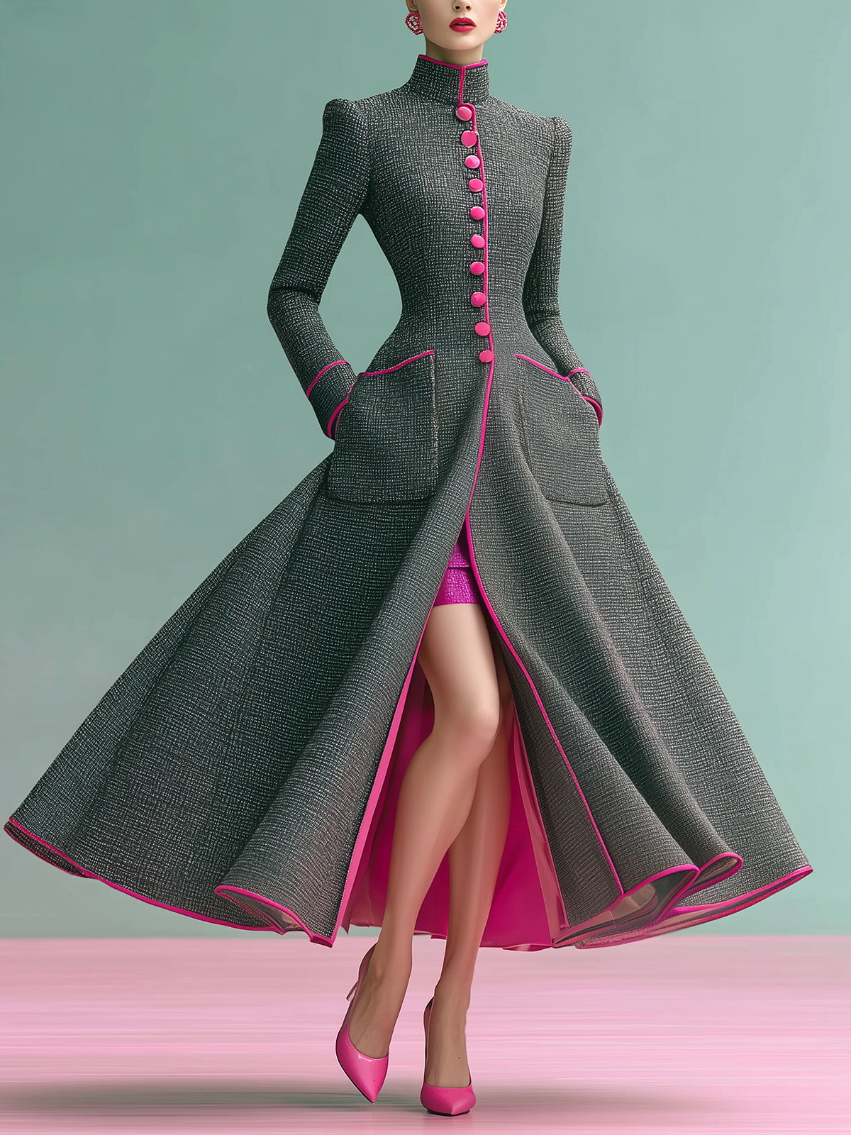 ElevenOra Vintage Elegant Wool Blend Stand Collar Single-breasted Contrast Trim Tailored Waist Maxi Dress Coat