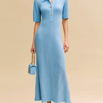 ElevenOra Chic Elegant Blue Lapel Collar Button-Front Short-Sleeve Slim-Fit Flare Hem Ribbed Knit Maxi Dress