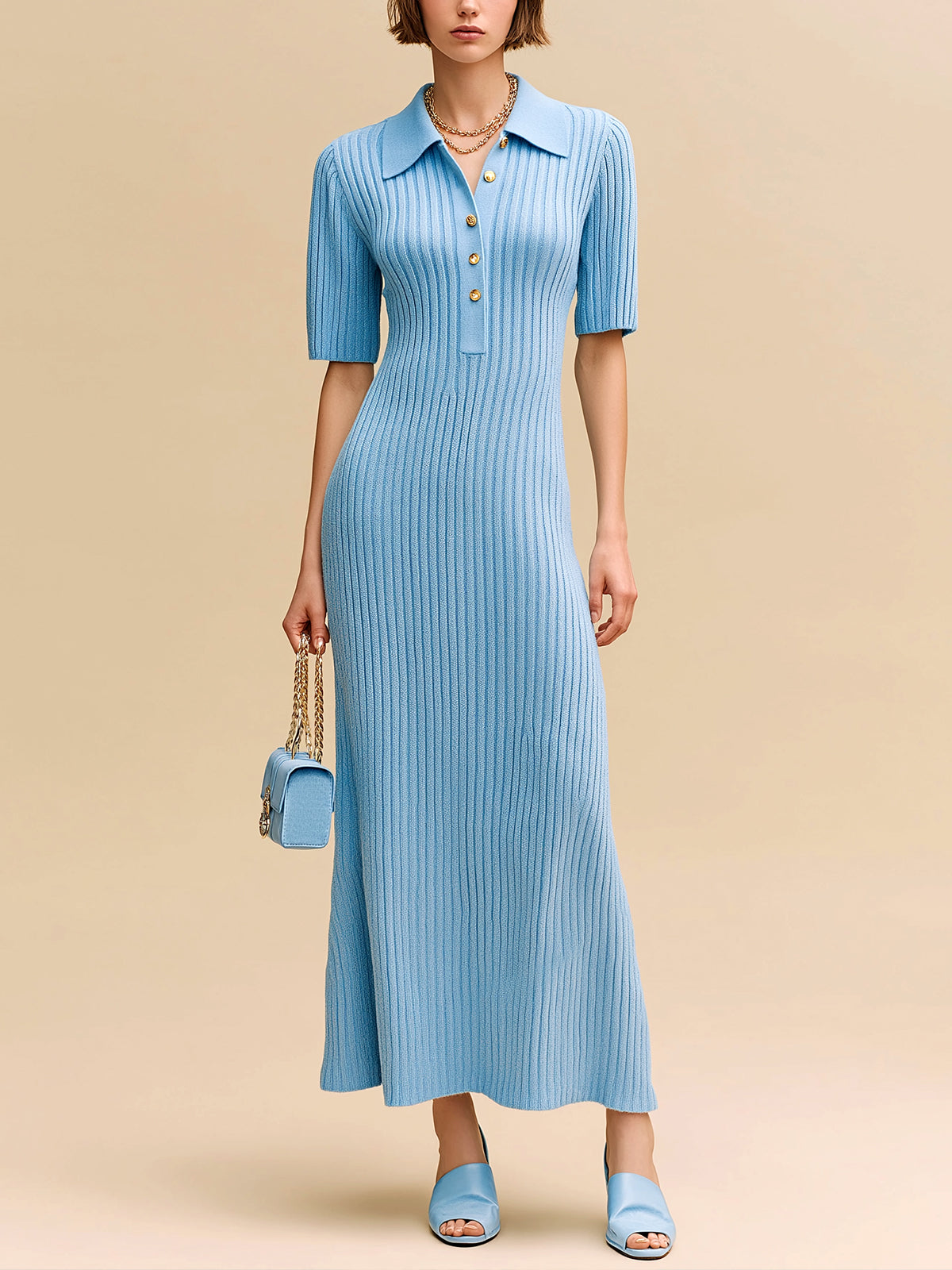 ElevenOra Chic Elegant Blue Lapel Collar Button-Front Short-Sleeve Slim-Fit Flare Hem Ribbed Knit Maxi Dress