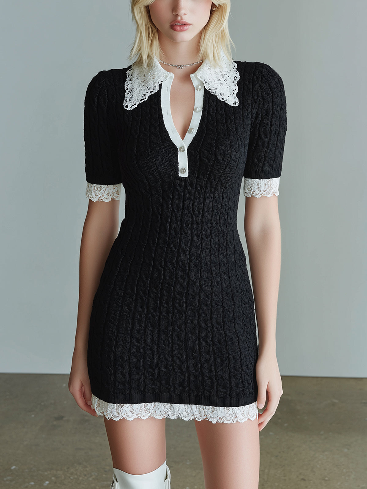 ElevenOra Chic Elegant Black Button-Up Lapel Collar Short-Sleeve Lace Trim Details Slim-Fit Cable-Knit Mini Dress