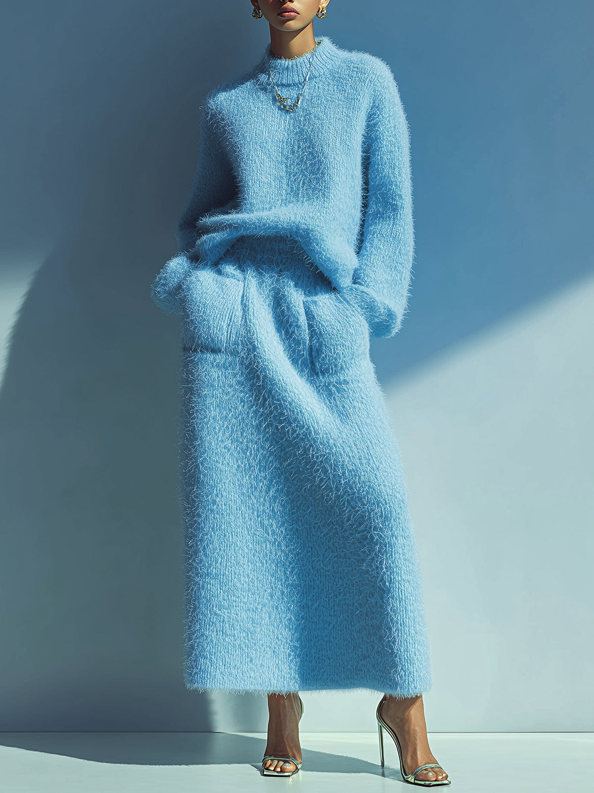 ElevenOra Chic Casual Baby Blue Round Neck Oversized Long Sleeve Sweater Patch Pocket Maxi Skirt Knit Two-Piece Set