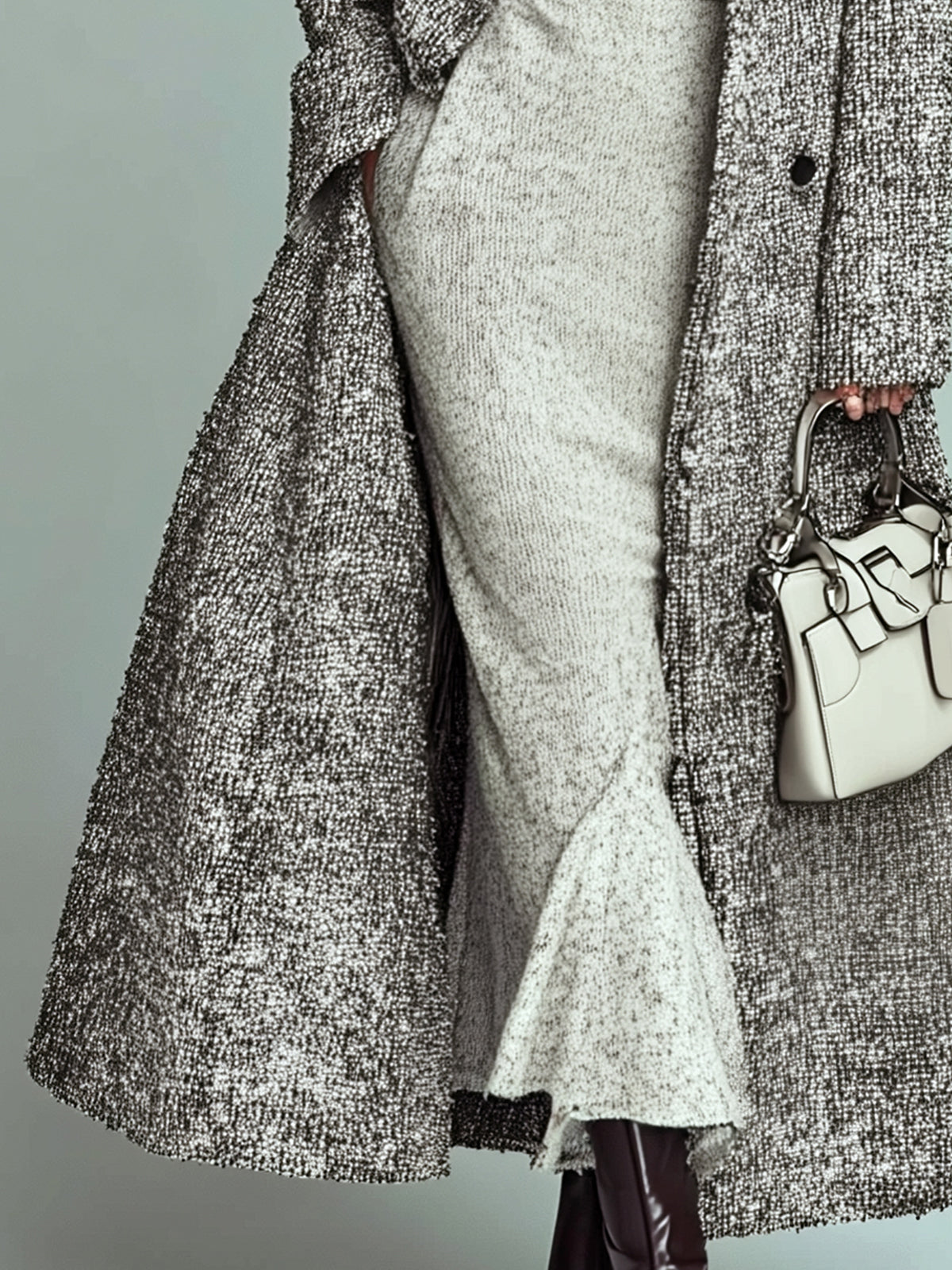 ElevenOra Stylish Gray Tweed Notch Lapel Double-breasted Loose Long Coat