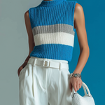 ElevenOra Fashion Casual Blue High-Neck Striped Jacquard Loose Sleeveless Knit Vest