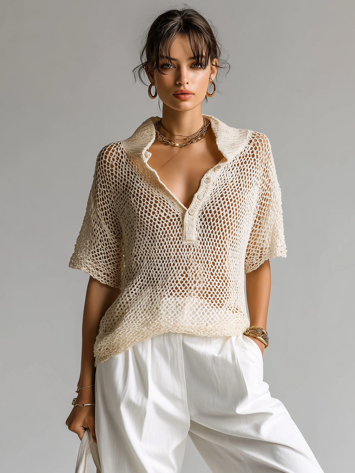 ElevenOra Fashion Casual Beige Lapel Button Mesh Short-Sleeve Loose Knit Sweater Top