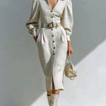 ElevenOra Casual Office Cotton Blend Waffle Lapel V-Neck Single-Breasted Belted Long Lantern Sleeve Midi Dress