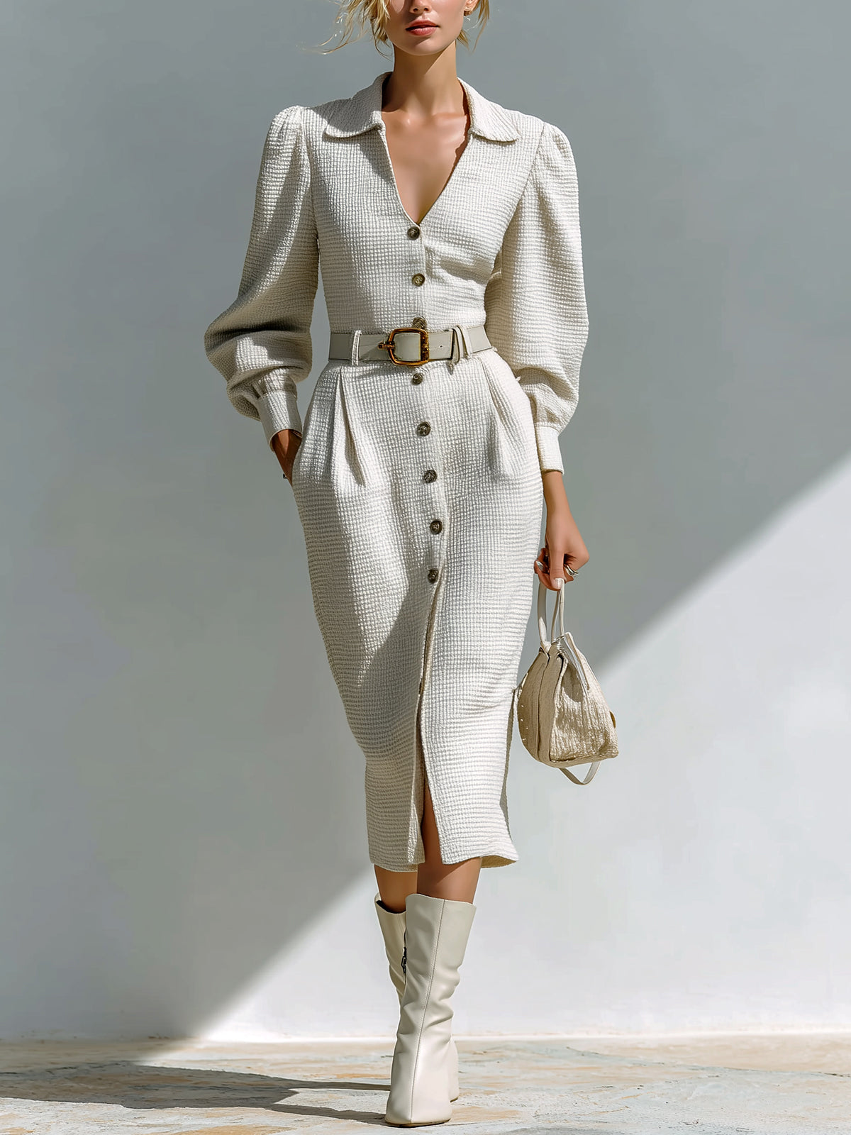 ElevenOra Casual Office Cotton Blend Waffle Lapel V-Neck Single-Breasted Belted Long Lantern Sleeve Midi Dress