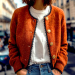 ElevenOra Chic Casual Orange-Red Round Neck Gold Button-Front Contrast Lace Trim Cropped Knit Cardigan