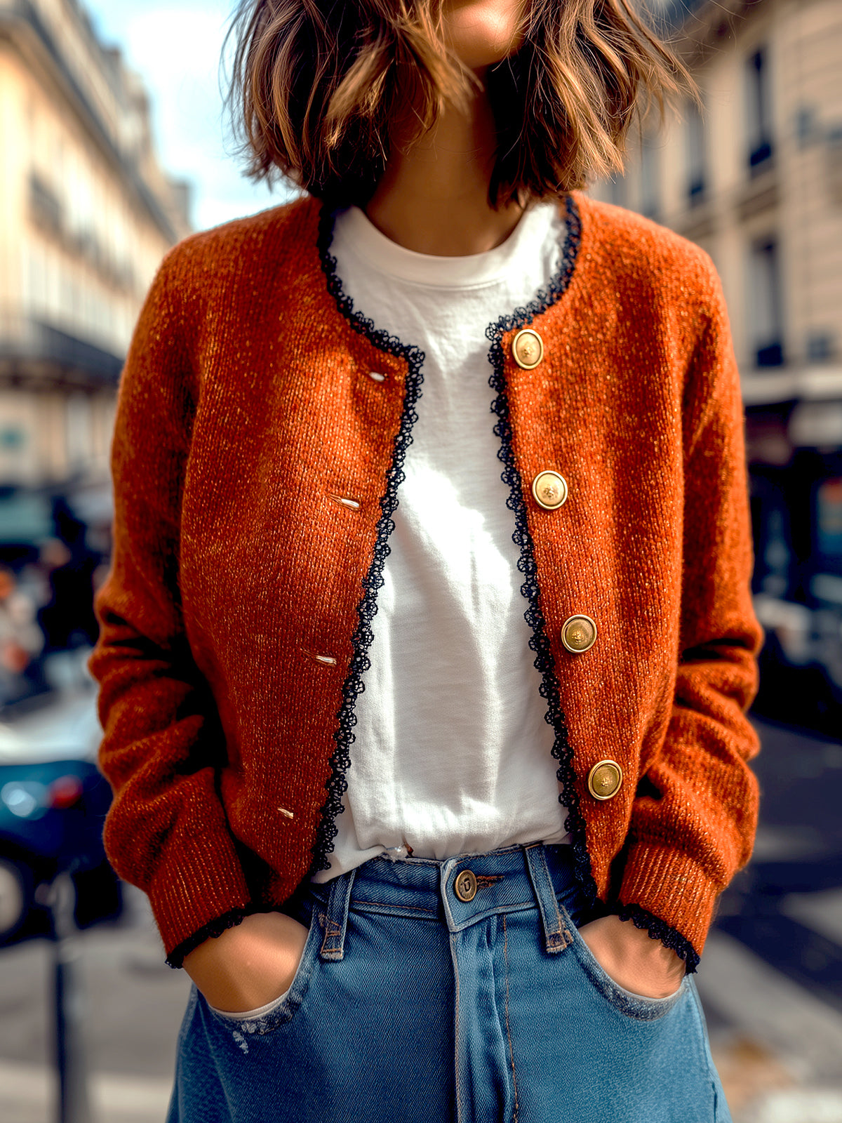 ElevenOra Chic Casual Orange-Red Round Neck Gold Button-Front Contrast Lace Trim Cropped Knit Cardigan