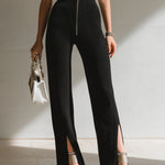ElevenOra Chic Elegant Black High Waist Zipper Front Slit Hem Ribbed Knit Wide-Leg Pants