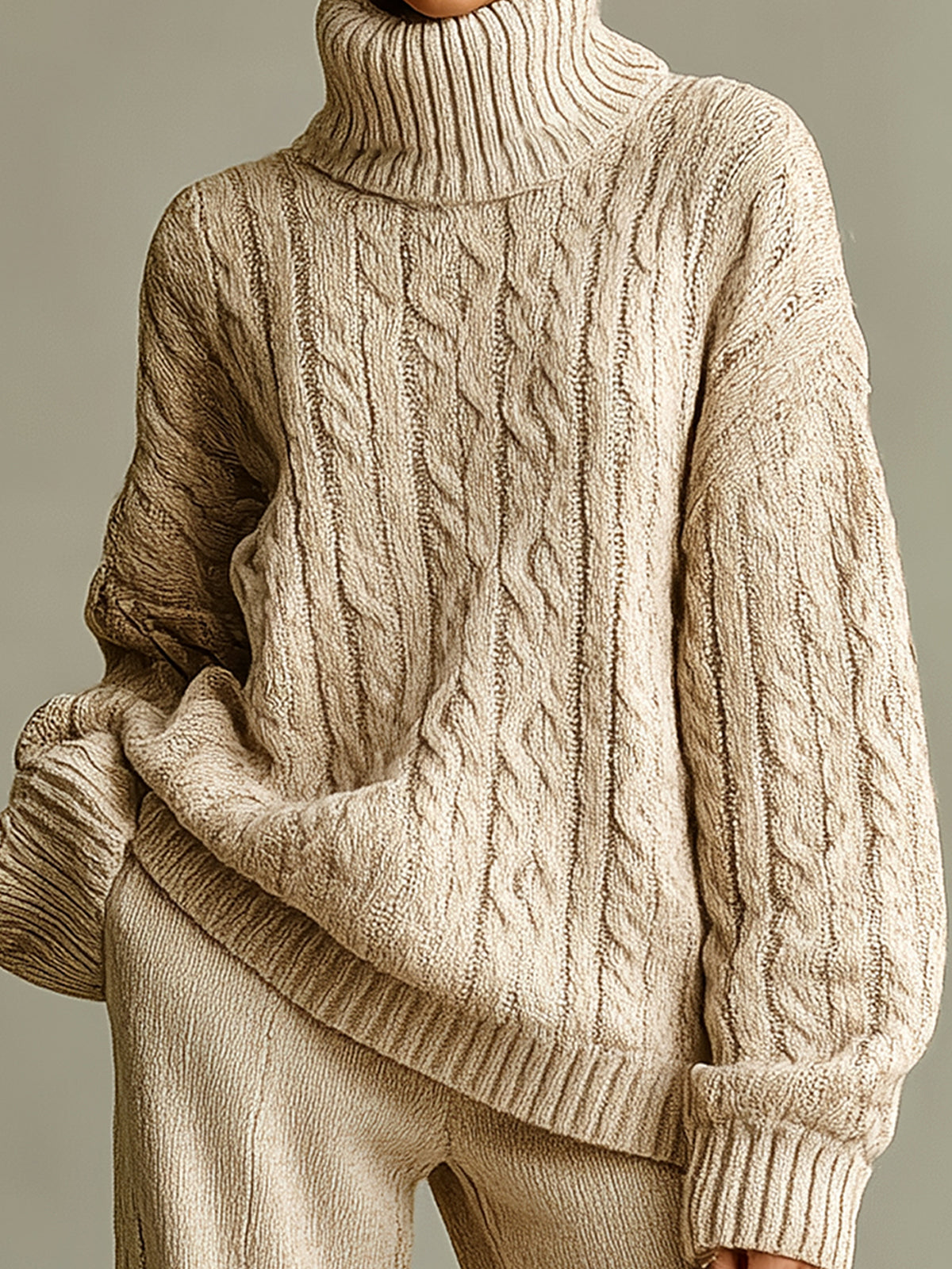 ElevenOra Chic Casual Beige Turtle Neck Oversized Long-Sleeve Warm Cable-Knit Sweater