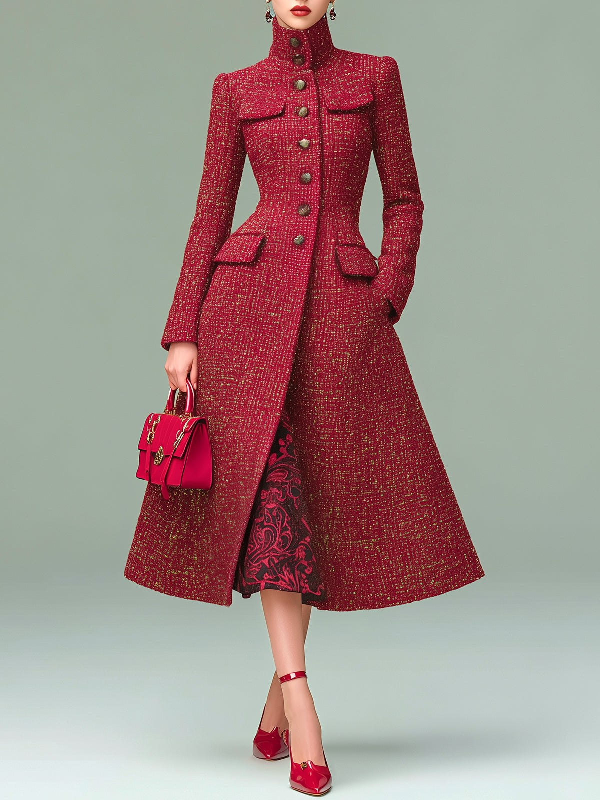 ElevenOra Vintage Elegant Tweed Stand Collar Metal Button Single-breasted Waist Tailored Waist Long Coat