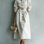 ElevenOra Casual Office White Corduroy Round Neck Single-Breasted Belted Long Sleeve Midi Dress
