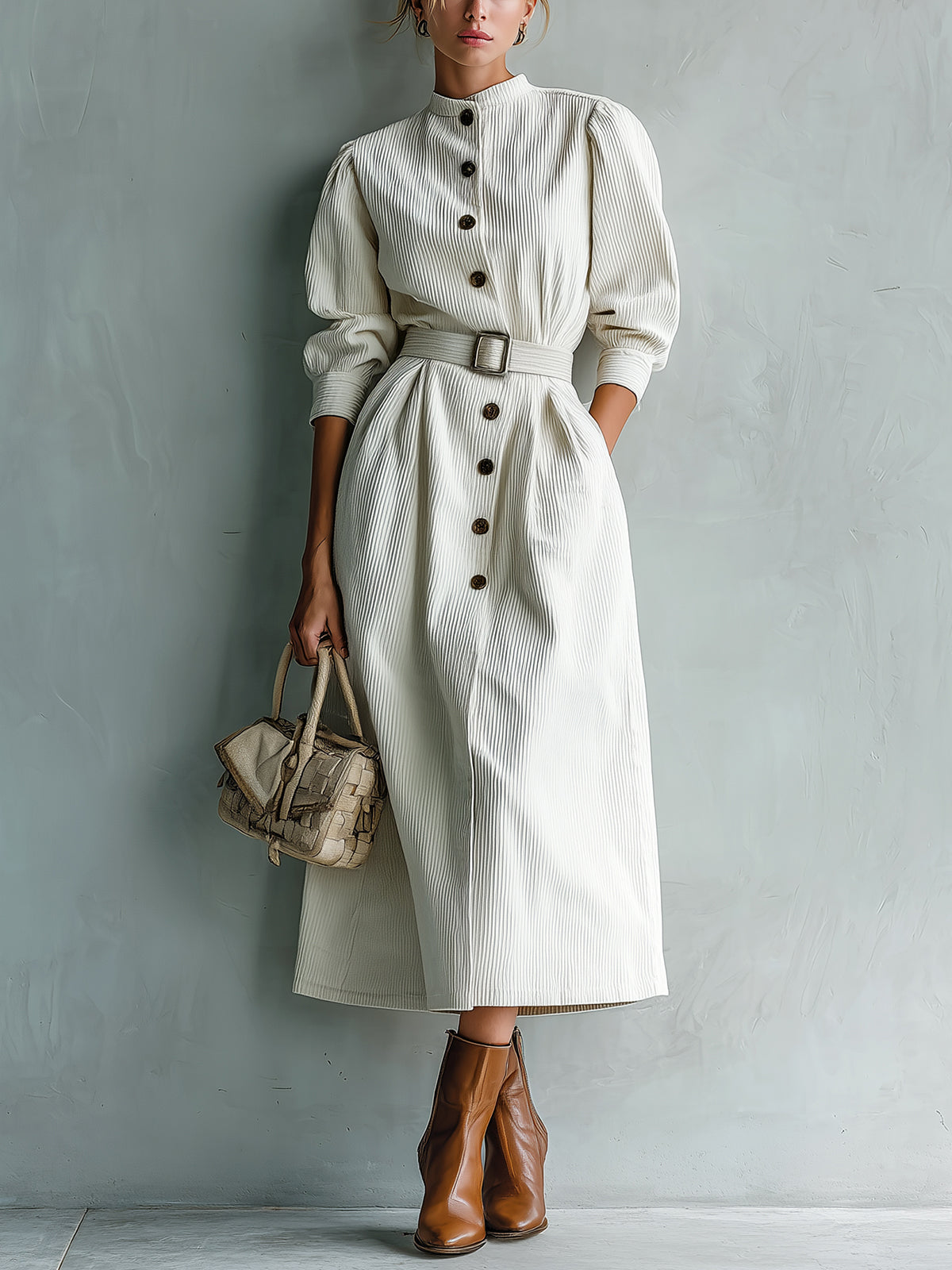 ElevenOra Casual Office White Corduroy Round Neck Single-Breasted Belted Long Sleeve Midi Dress
