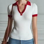 ElevenOra Chic Casual White Lapel V-Neck Botton Contrast Red Trim Tailored Waist Short Sleeved Knit Pullover Sweater