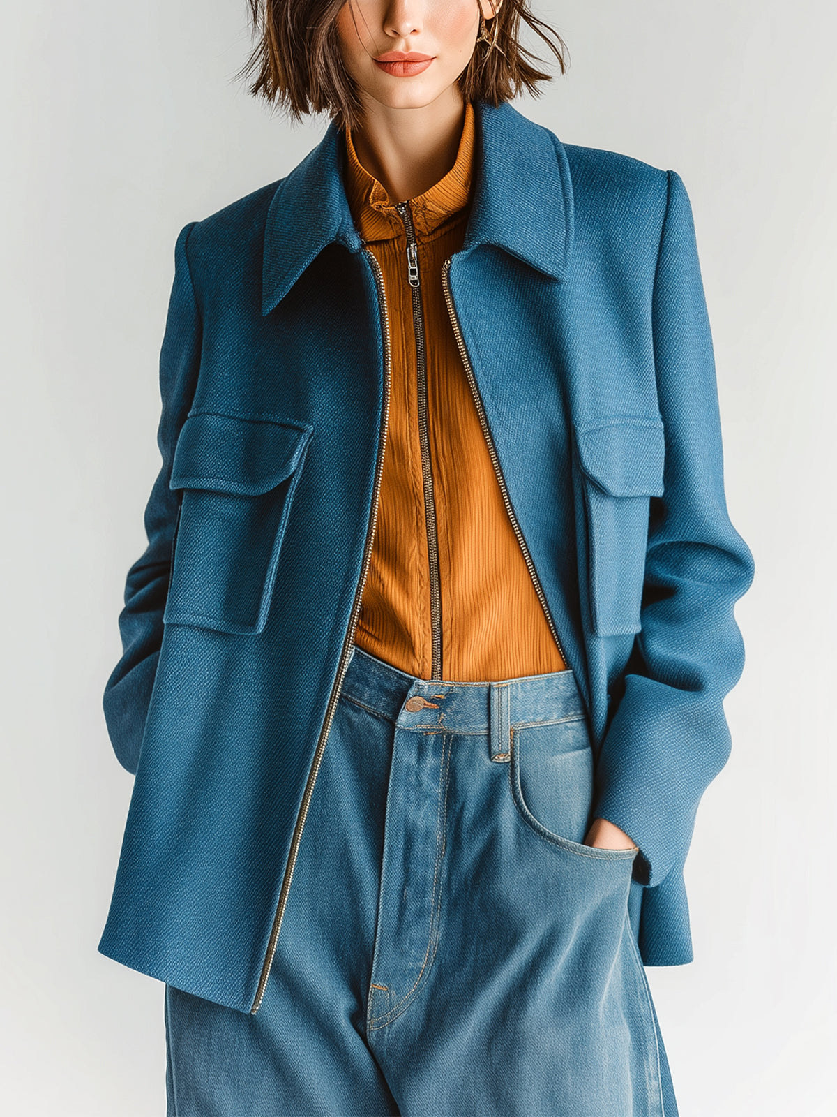 ElevenOra Chic Vintage Dark Blue Twill Wool Blend Lapel Zipper-Front Flap Pocket Jacket