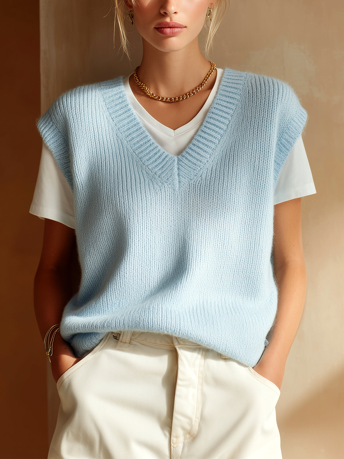 ElevenOra Chic Casual Light Blue V-Neck Oversize Basic Knit Pullover Vest