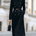 ElevenOra Vintage Elegant Velvet Peak Lapel Double-Breasted Tailored Waist Belted Long Coat