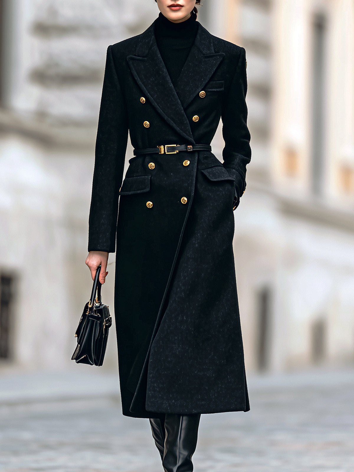 ElevenOra Vintage Elegant Velvet Peak Lapel Double-Breasted Tailored Waist Belted Long Coat