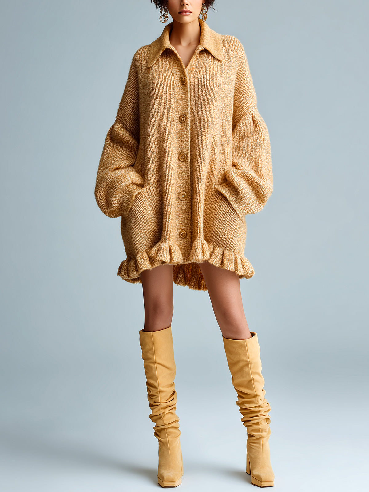 ElevenOra Chic Casual Camel Lapel Single-Breasted Lantern Sleeve Ruffled Hem Slouchy Knit Cardigan