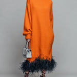 ElevenOra Chic Elegant Orange Mock Neck Long Sleeve Contrast Feather Trim Detail Oversized Knit Maxi Dress