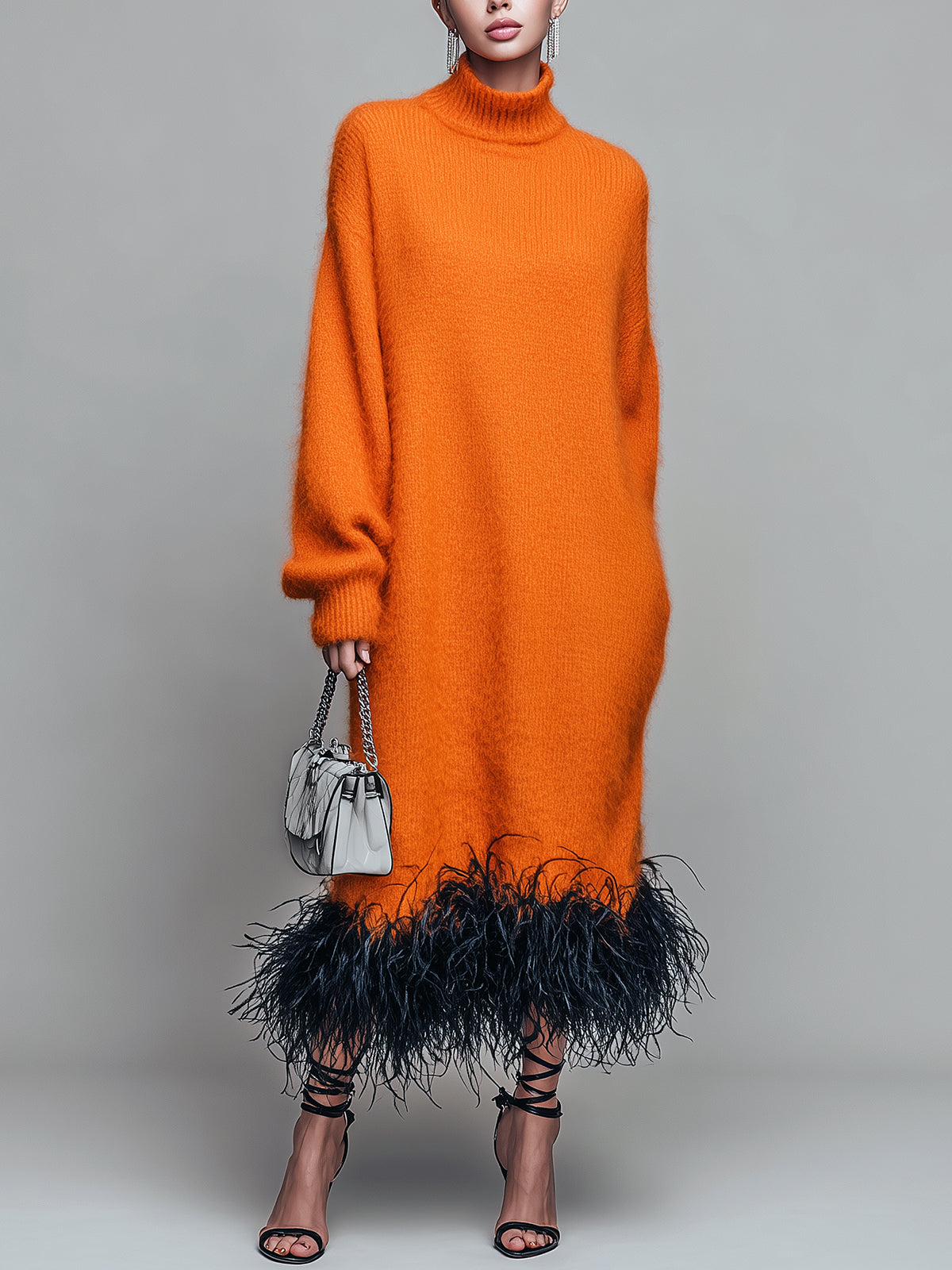 ElevenOra Chic Elegant Orange Mock Neck Long Sleeve Contrast Feather Trim Detail Oversized Knit Maxi Dress