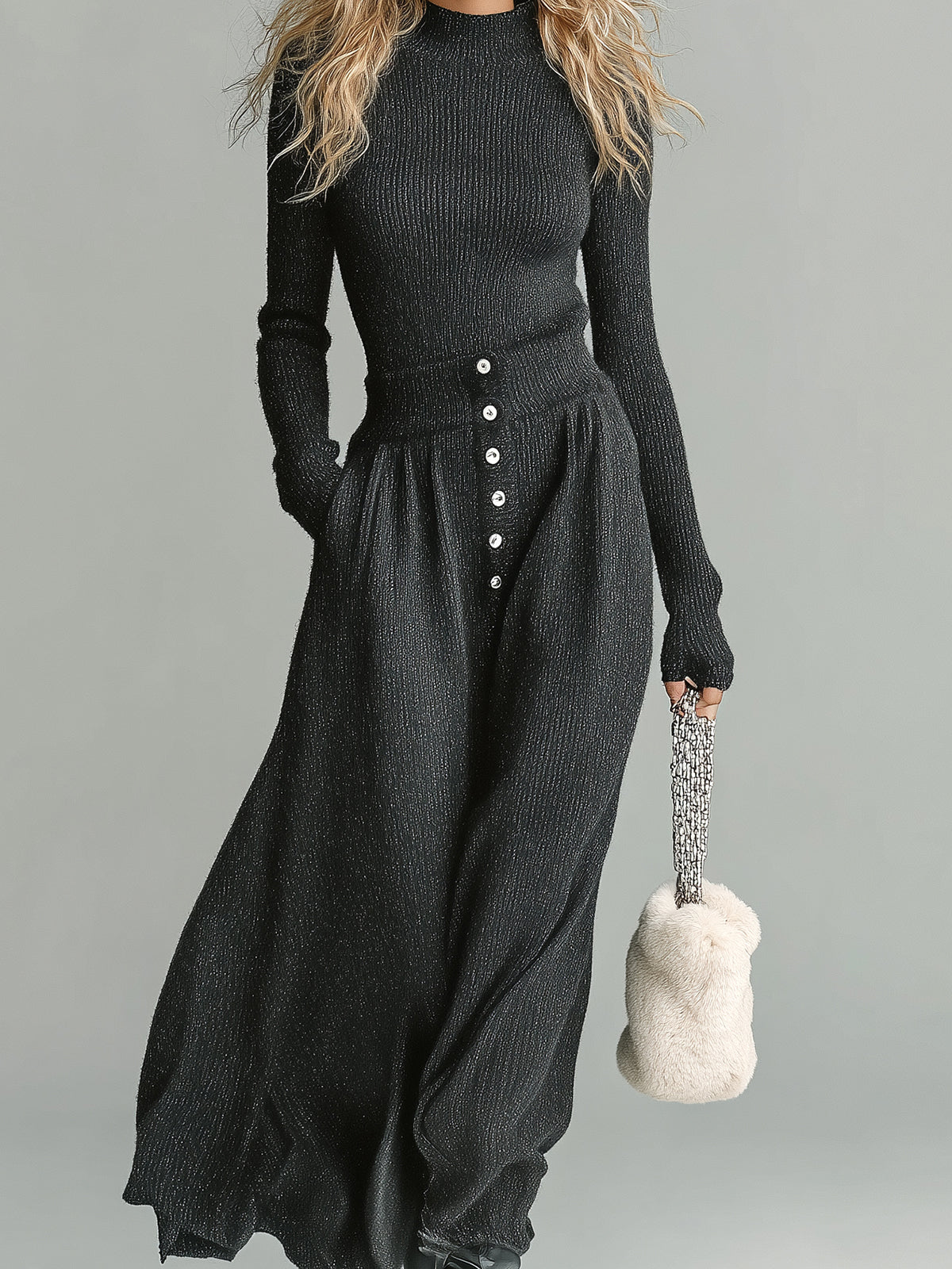 ElevenOra Chic Elegant Dark Gray Mock Neck Long Sleeve Slim Fit Ribbed Sweater Button Detailed Maxi Skirt Knit Two-Piece Set