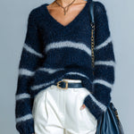 ElevenOra Chic Casual Contrast Stripe V-Neck Oversized Long-Sleeve Mohair Knit Sweater Top