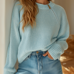 ElevenOra Chic Casual Blue Round Collar Zipper Loose Long-sleeved Knit Pullover Sweater