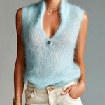 ElevenOra Chic Elegant Light Blue Stand Collar V-Neck Button Detail Slim-Fit Mohair Knit Vest