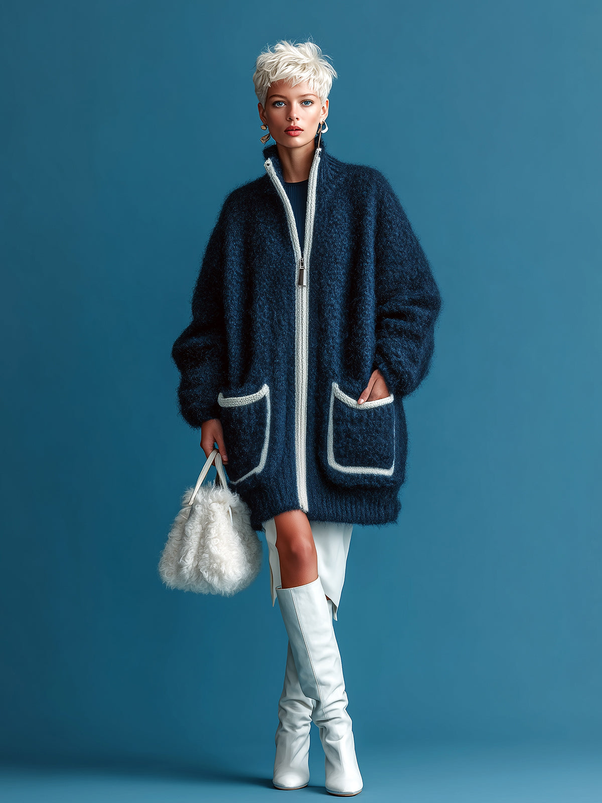 ElevenOra Chic Casual Navy Stand Collar Zipper-Front Patch Pocket Long-Sleeve Oversized Knit Cardigan