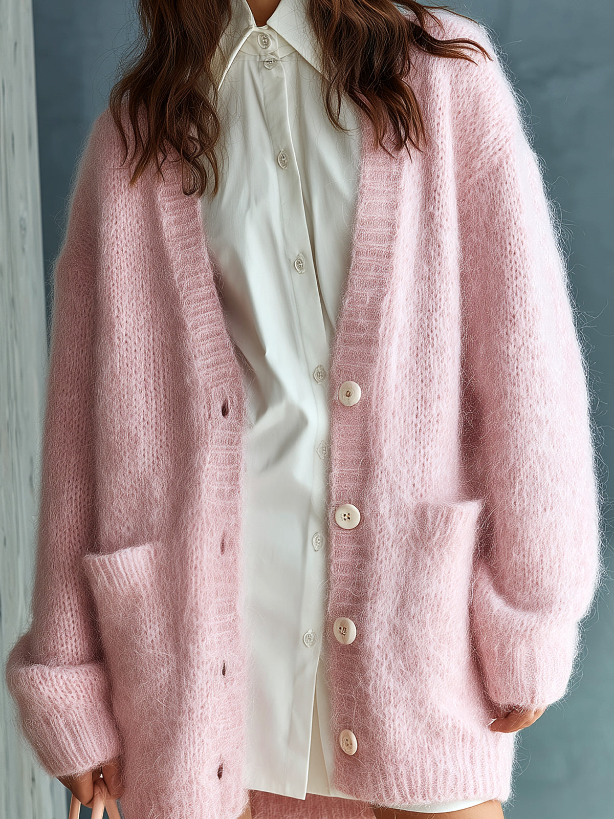 ElevenOra Chic Elegant Pink V-Neck Single-Breasted Long Sleeve Patch Pocket Loose-Fit Fuzzy Mohair Knit Mid-Length Cardigan
