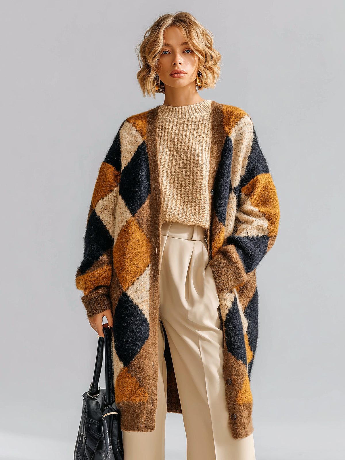 ElevenOra Chic Vintage Contrast Argyle Pattern Oversized Long Sleeve Mid-Length Knit Cardigan