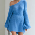 ElevenOra Chic Elegant Blue One Shoulder Long Lantern Sleeve A-Line Fuzzy Knit Mini Dress