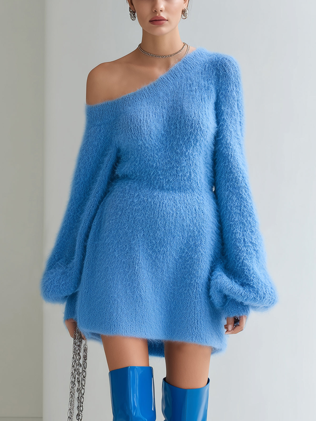 ElevenOra Chic Elegant Blue One Shoulder Long Lantern Sleeve A-Line Fuzzy Knit Mini Dress