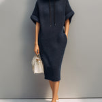ElevenOra Chic Casual Navy Blue Hooded Short-Sleeve Loose-Fit Knit Midi Dress