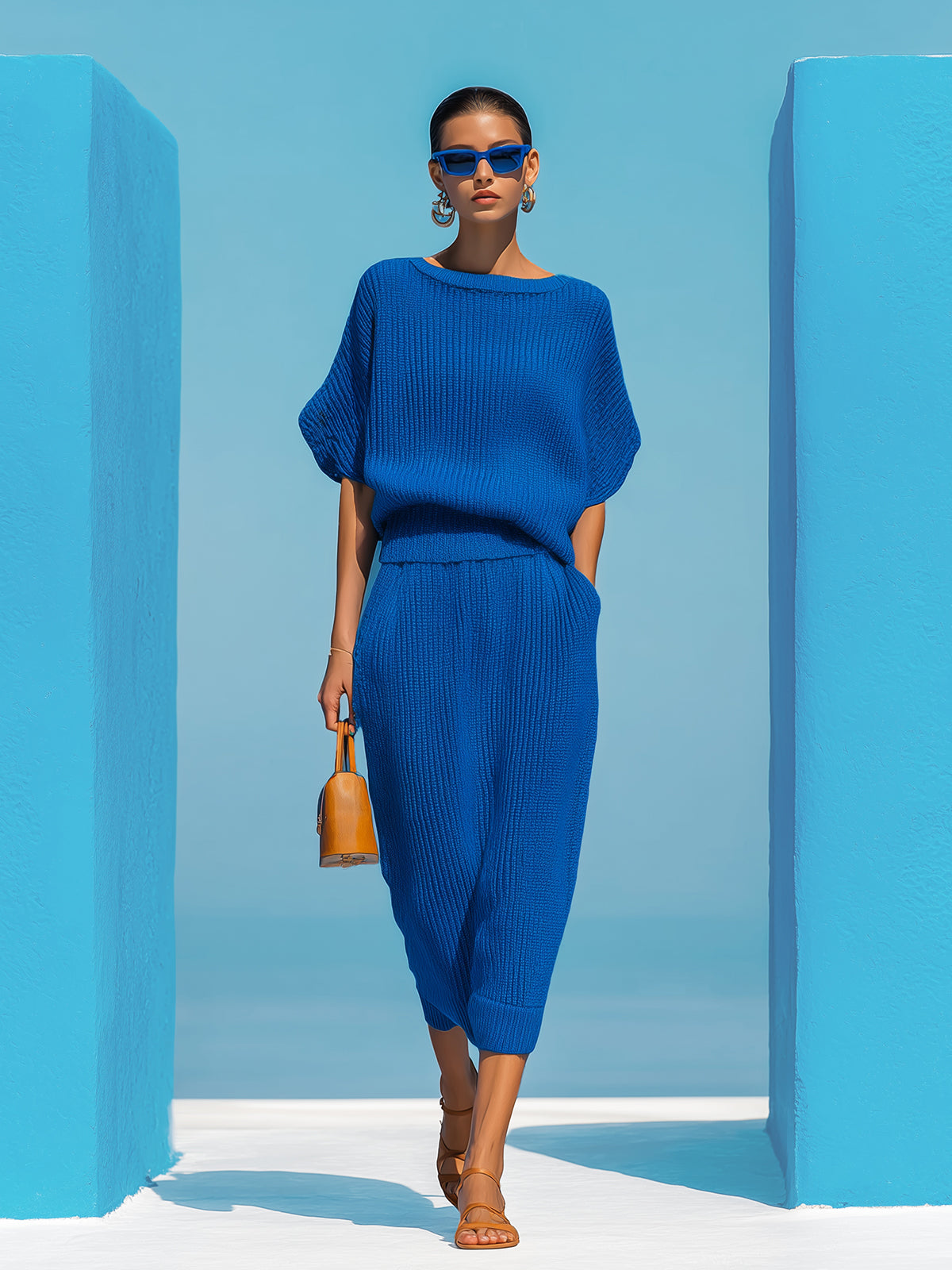 ElevenOra Chic Elegant Royal Blue Boat Neck Short-Sleeve Loose-Fit Sweater And Bodycon Midi Skirt Ribbed Knit Two-Piece Set