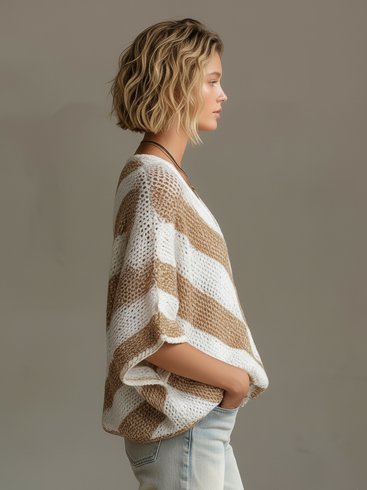 ElevenOra Chic Casual White-Beige Stripes V-neck Short-sleeved Loose-Fit Knit Sweater