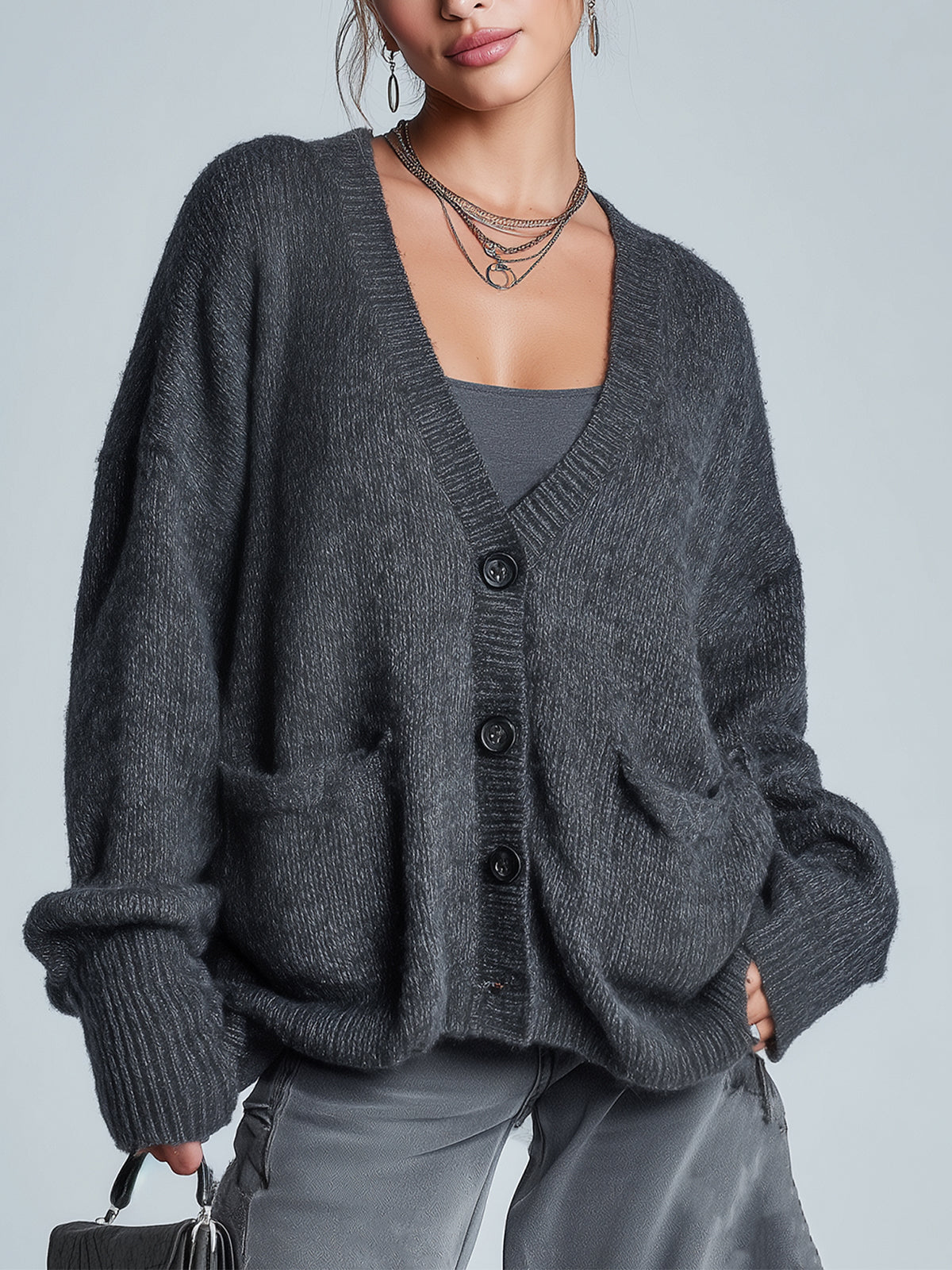 ElevenOra Chic Vintage Dark Gray V-Neck Single-Breasted Patch Pocket Oversized Knit Cardigan