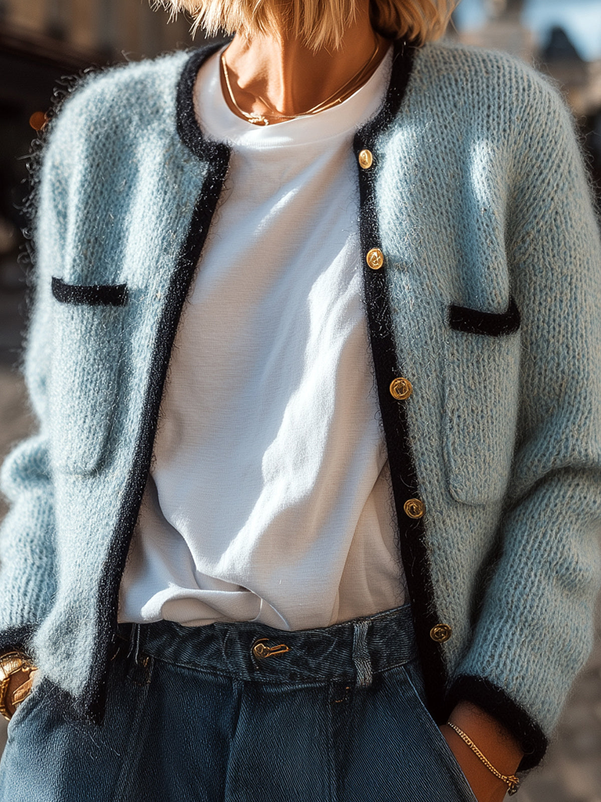 ElevenOra Chic Elegant Light Blue With Black Contrast Trim Gold Button Patch Pocket Cropped Knit Cardigan