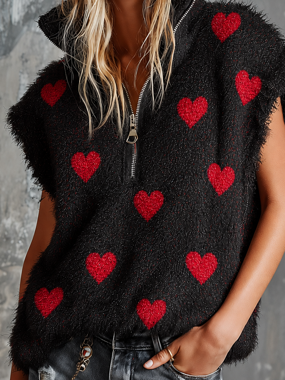 ElevenOra Chic Casual Black Stand Collar Half‑Zip Red Heart Jacquard Sleeveless Loose-Fit Fuzzy Knit Vest Top
