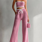 ElevenOra Chic Elegant Pink Contrast Trim Sleeveless Slim-Fit Bandeau High-Waisted Bow Details Wide-Leg Pants Knit Two-Piece Set