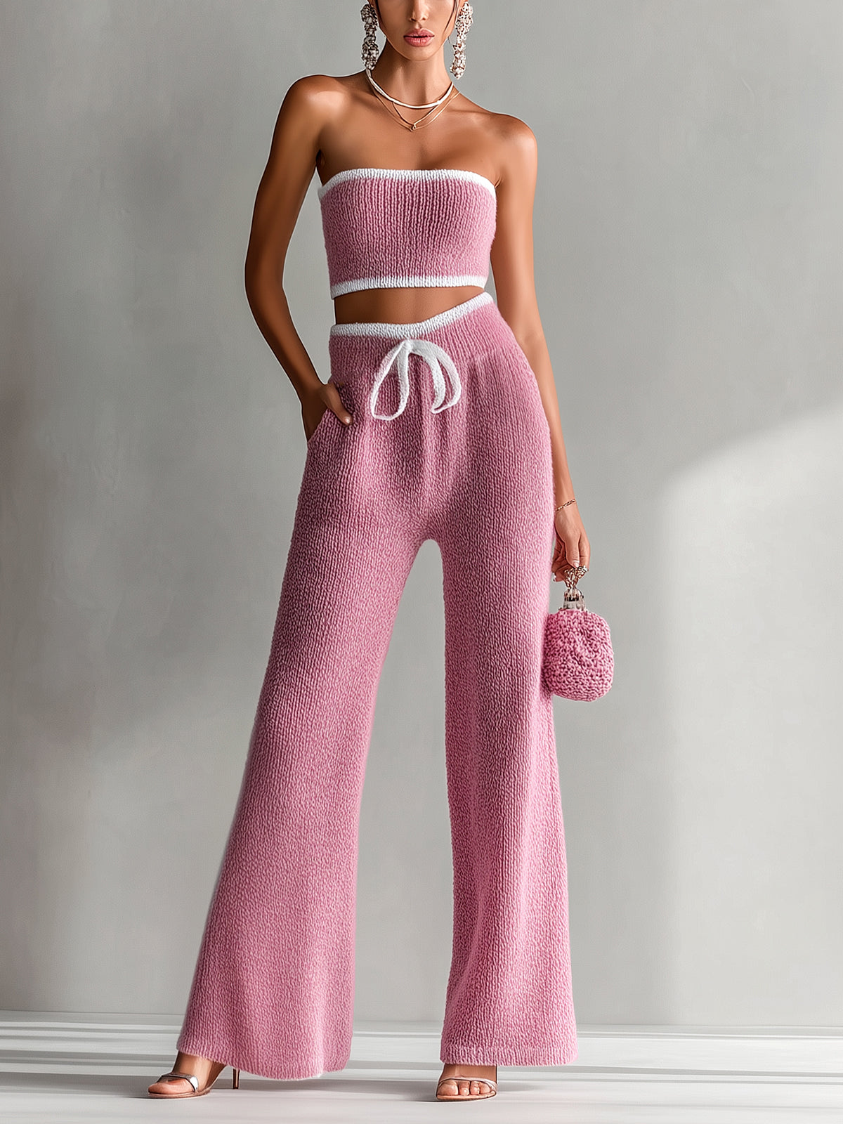 ElevenOra Chic Elegant Pink Contrast Trim Sleeveless Slim-Fit Bandeau High-Waisted Bow Details Wide-Leg Pants Knit Two-Piece Set
