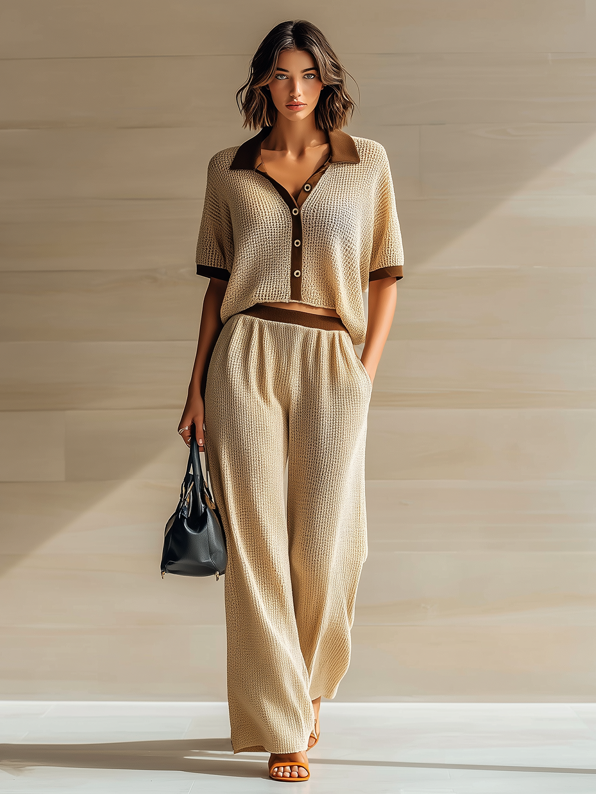 ElevenOra Chic Casual Beige Colorblock Lapel Collar Button-Front Short-Sleeve Loose Sweater Wide-Leg Pants Knit Two-Piece Set