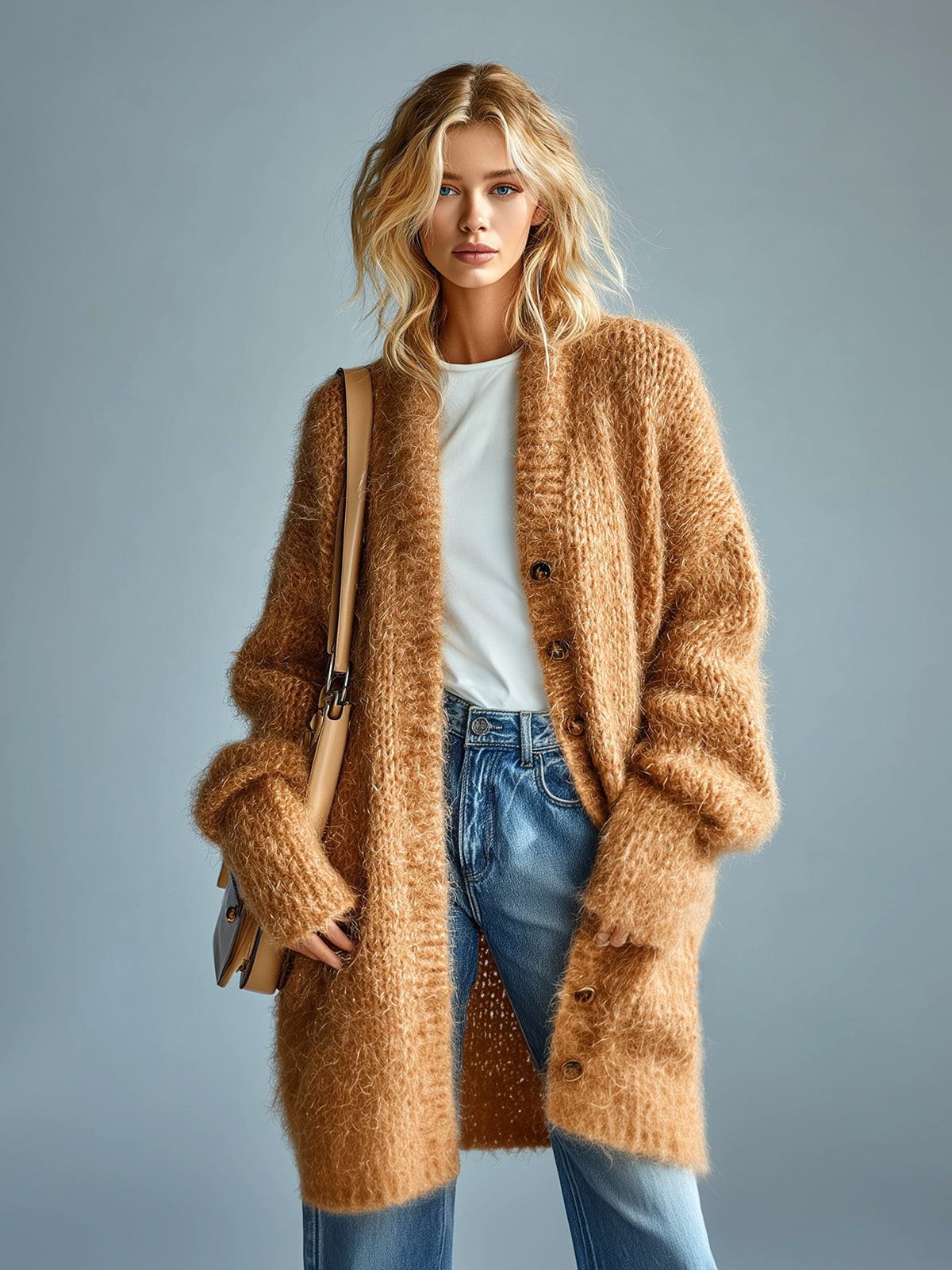 ElevenOra Chic Vintage Khaki V-Neck Single-Breasted Long Sleeve Oversized Knit Mid-Length Cardigan